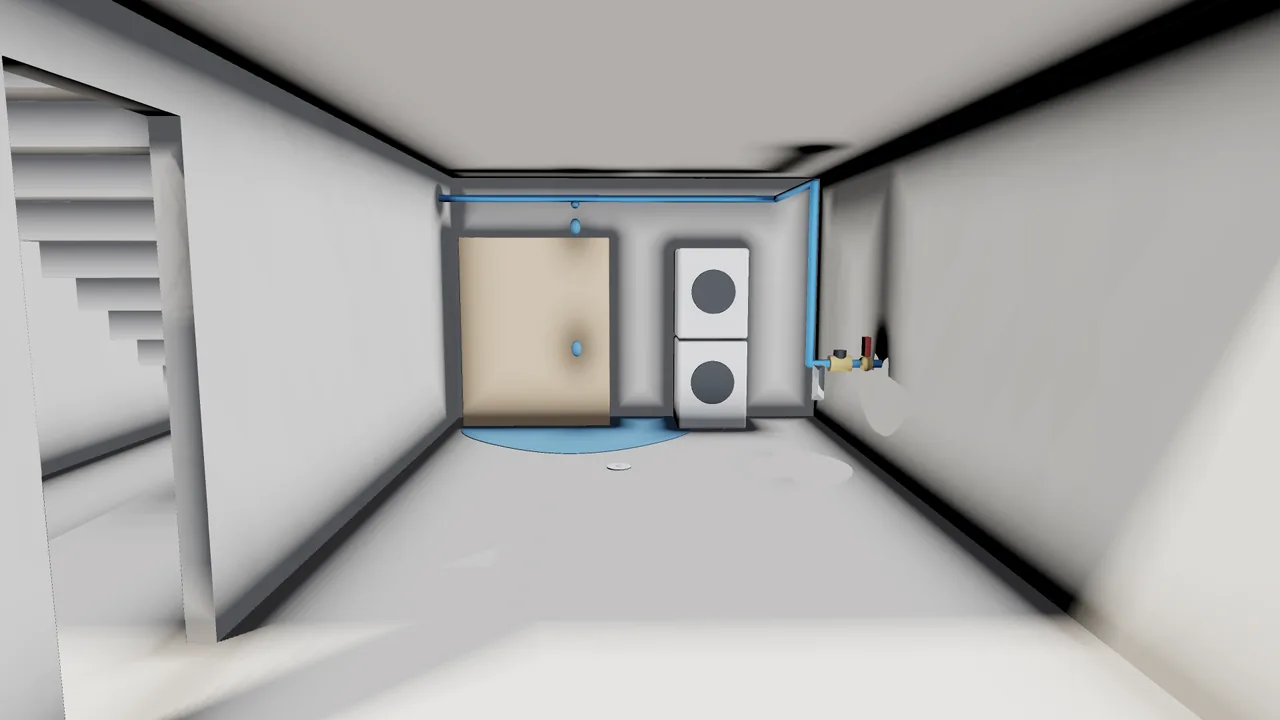 Die Waschküche: Von einer Verbindung unter der Decke tropft Wasser, am Boden eine Lacke. Rechts an der Wand Wasserzähler und Hauptabsperrung.