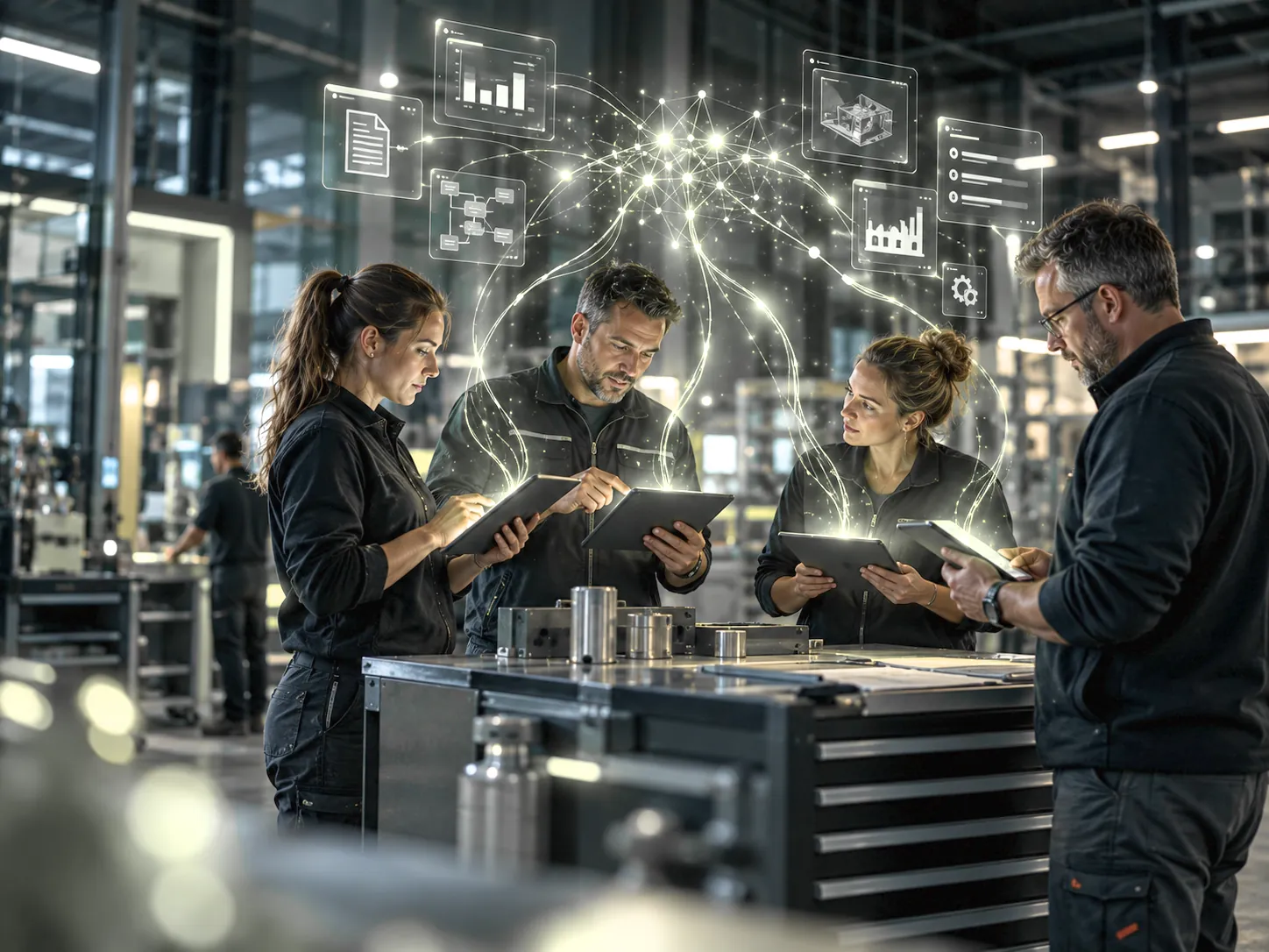 Vier Leute aus dem Team mit Tablets an einer Werkbank in der Werkstatt