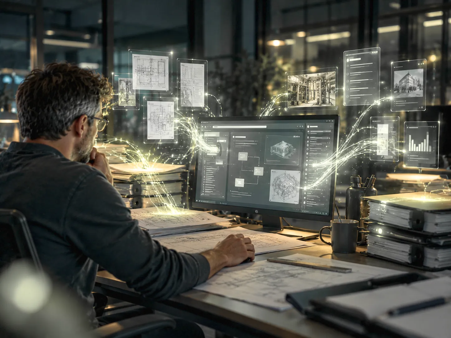 Mitarbeiter am Bildschirm, rundherum ordnen sich digitale Dokumente